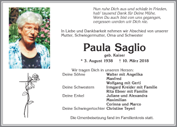 Traueranzeige von Paula Saglio von Allgäuer Zeitung, Kaufbeuren/Buchloe