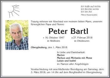 Traueranzeige von Peter Bartl von Allgäuer Zeitung, Marktoberdorf