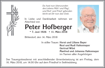 Traueranzeige von Peter Hofberger von Allgäuer Anzeigeblatt