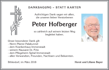 Traueranzeige von Peter Hofberger von Allgäuer Anzeigeblatt
