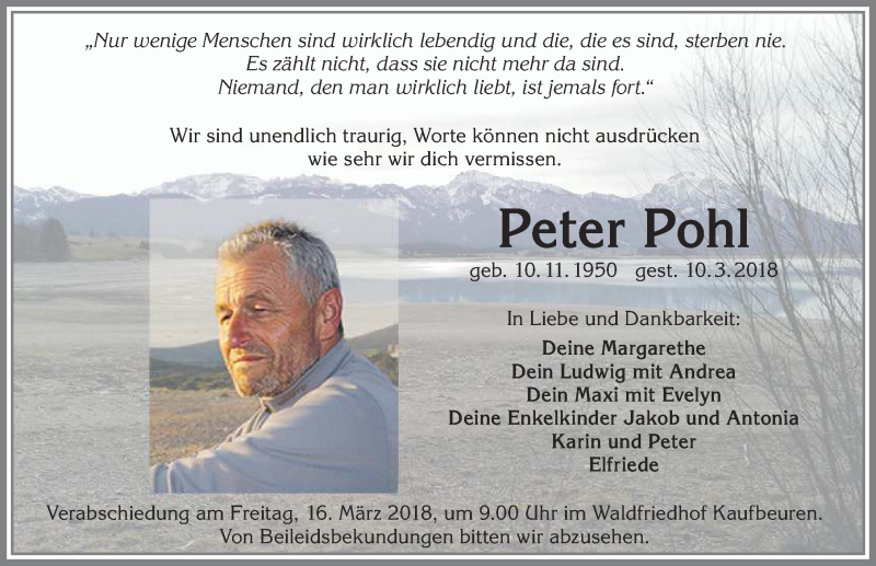  Traueranzeige für Peter Pohl vom 14.03.2018 aus Allgäuer Zeitung, Kaufbeuren/Buchloe