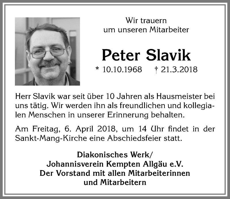  Traueranzeige für Peter Slavik vom 31.03.2018 aus Allgäuer Zeitung,Kempten