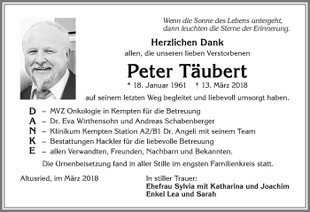Traueranzeige von Peter Täubert von Allgäuer Zeitung,Kempten