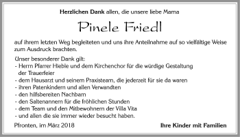 Traueranzeige von Pinele Friedl von Allgäuer Zeitung, Füssen