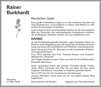Traueranzeige von Rainer Burkhardt von Allgäuer Zeitung,Kempten