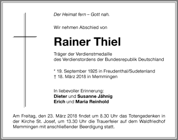 Traueranzeige von Rainer Thiel von Memminger Zeitung