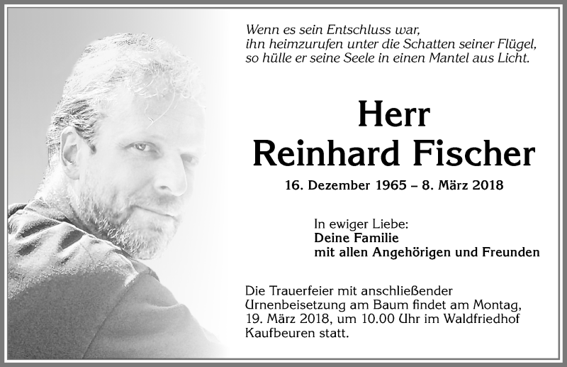  Traueranzeige für Reinhard Fischer vom 15.03.2018 aus Allgäuer Zeitung, Kaufbeuren/Buchloe