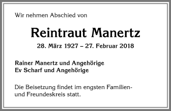 Traueranzeige von Reintraut Manertz von Allgäuer Anzeigeblatt