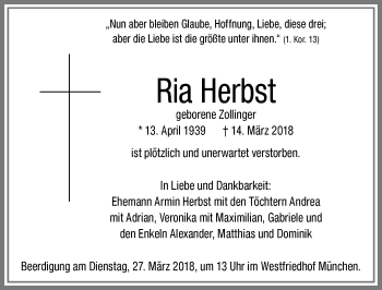 Traueranzeige von Ria Herbst von Allgäuer Zeitung, Kaufbeuren/Buchloe