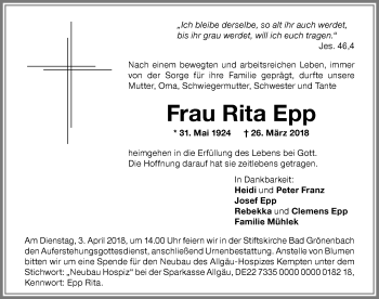 Traueranzeige von Rita Epp von Memminger Zeitung