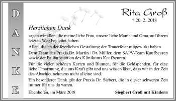 Traueranzeige von Rita Groß von Allgäuer Zeitung, Marktoberdorf