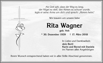 Traueranzeige von Rita Wagner von Allgäuer Zeitung,Kempten