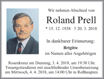 Traueranzeige von Roland Prell von Allgäuer Zeitung, Füssen