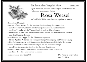 Traueranzeige von Rosa Wetzel von Der Westallgäuer
