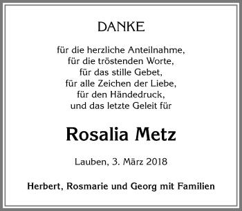 Traueranzeige von Rosalia Metz von Allgäuer Zeitung,Kempten