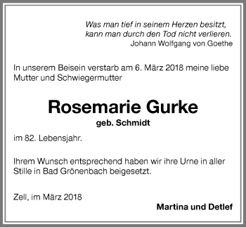 Traueranzeige von Rosemarie Gurke von Memminger Zeitung