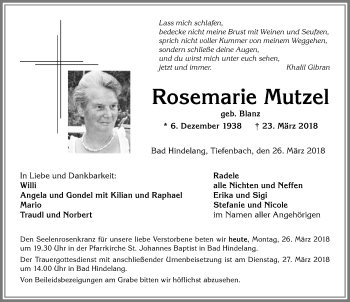 Traueranzeige von Rosemarie Mutzel von Allgäuer Anzeigeblatt