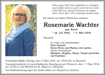 Traueranzeige von Rosemarie Wachter von Allgäuer Zeitung,Kempten