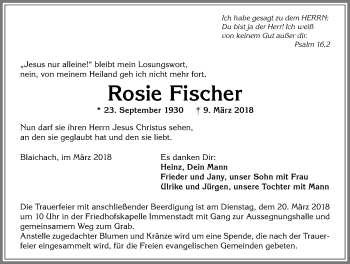 Traueranzeige von Rosie Fischer von Allgäuer Anzeigeblatt