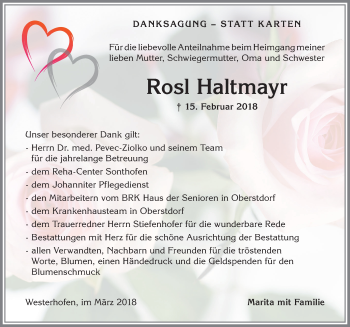 Traueranzeige von Rosl Haltmayr von Allgäuer Anzeigeblatt