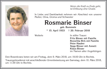 Traueranzeige von Rosmarie Binser von Allgäuer Zeitung,Kempten