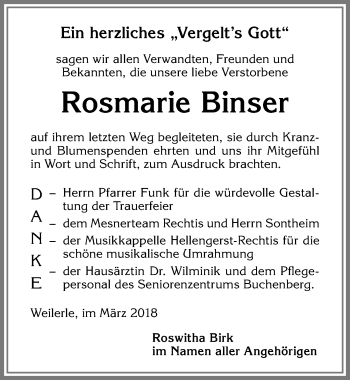 Traueranzeige von Rosmarie Binser von Allgäuer Zeitung,Kempten
