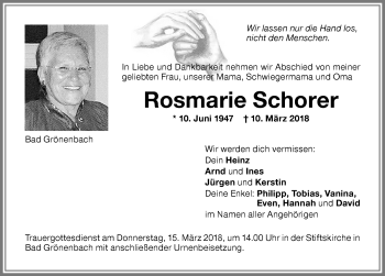 Traueranzeige von Rosmarie Schorer von Memminger Zeitung