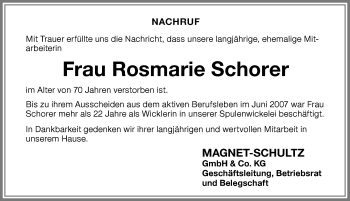 Traueranzeige von Rosmarie Schorer von Memminger Zeitung