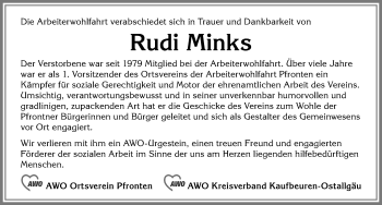 Traueranzeige von Rudi Minks von Allgäuer Zeitung, Füssen