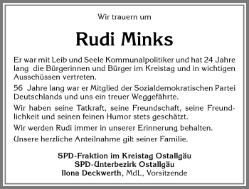 Traueranzeige von Rudi Minks von Allgäuer Zeitung, Füssen