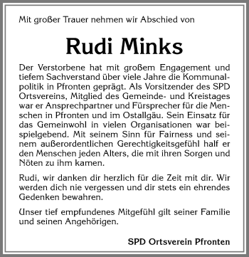 Traueranzeige von Rudolf Minks von Allgäuer Zeitung, Füssen