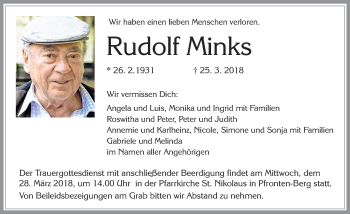 Traueranzeige von Rudolf Minks von Allgäuer Zeitung, Füssen