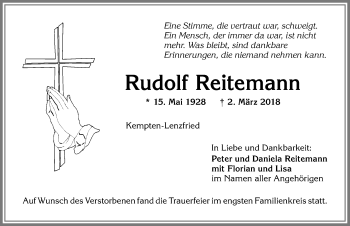 Traueranzeige von Rudolf Reitemann von Allgäuer Zeitung,Kempten