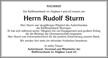 Traueranzeige von Rudolf Sturm von Memminger Zeitung