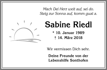 Traueranzeige von Sabine Riedl von Allgäuer Anzeigeblatt