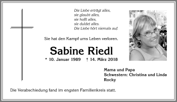 Traueranzeige von Sabine Riedl von Allgäuer Anzeigeblatt