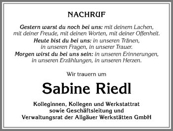 Traueranzeige von Sabine Riedl von Allgäuer Anzeigeblatt