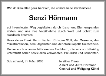 Traueranzeige von Senzi Hörmann von Allgäuer Zeitung, Marktoberdorf
