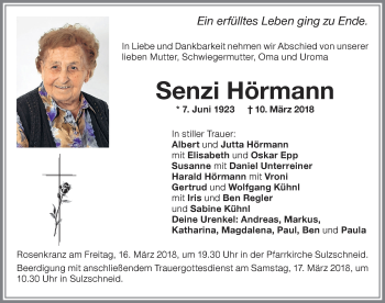 Traueranzeige von Senzi Hörmann von Allgäuer Zeitung, Marktoberdorf