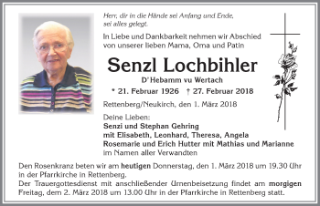 Traueranzeige von Senzl Lochbihler von Allgäuer Anzeigeblatt