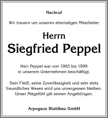 Traueranzeige von Siegfried Peppel von Allgäuer Zeitung,Kempten
