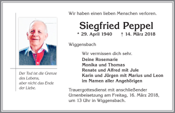 Traueranzeige von Siegfried Peppel von Allgäuer Zeitung,Kempten