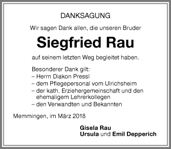 Traueranzeige von Siegfried Rau von Memminger Zeitung