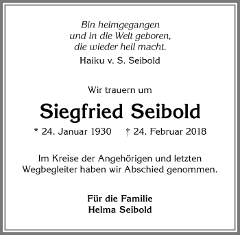 Traueranzeige von Siegfried Seibold von Allgäuer Zeitung,Kempten