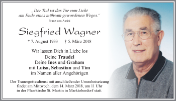 Traueranzeige von Siegfried Wagner von Allgäuer Zeitung, Marktoberdorf