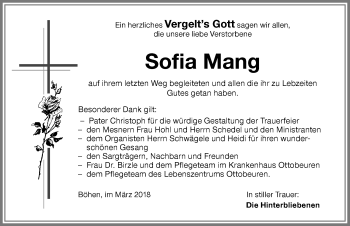 Traueranzeige von Sofia Mang von Memminger Zeitung