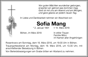 Traueranzeige von Sofia Mang von Memminger Zeitung