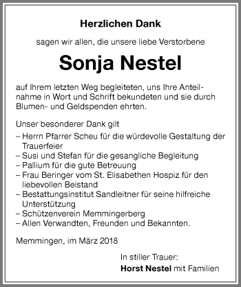 Traueranzeige von Sonja Nestel von Memminger Zeitung