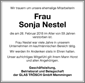 Traueranzeige von Sonja Nestel von Memminger Zeitung