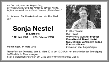 Traueranzeige von Sonja Nestel von Memminger Zeitung